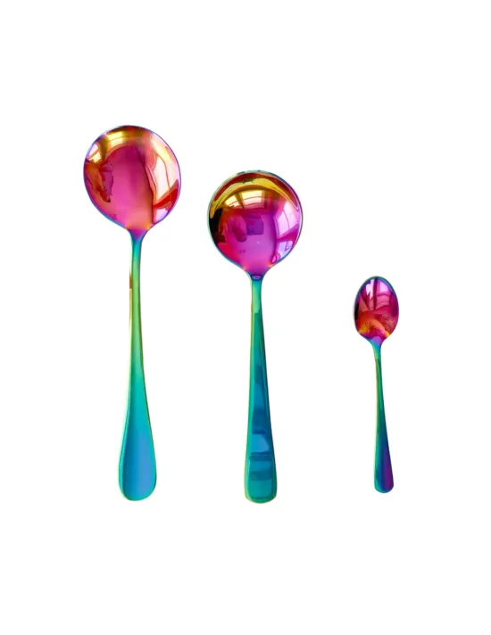 Three spoons from largest to smallest. The two bigger spoons have wider handles and round bowls, while the smallest resembles a tiny espresso spoon with a narrow bowl and handle.
