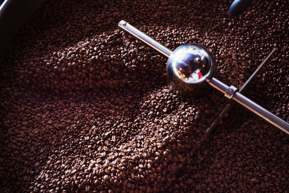 Coffee beans roasting in a drum being stirred with a metal paddle.
