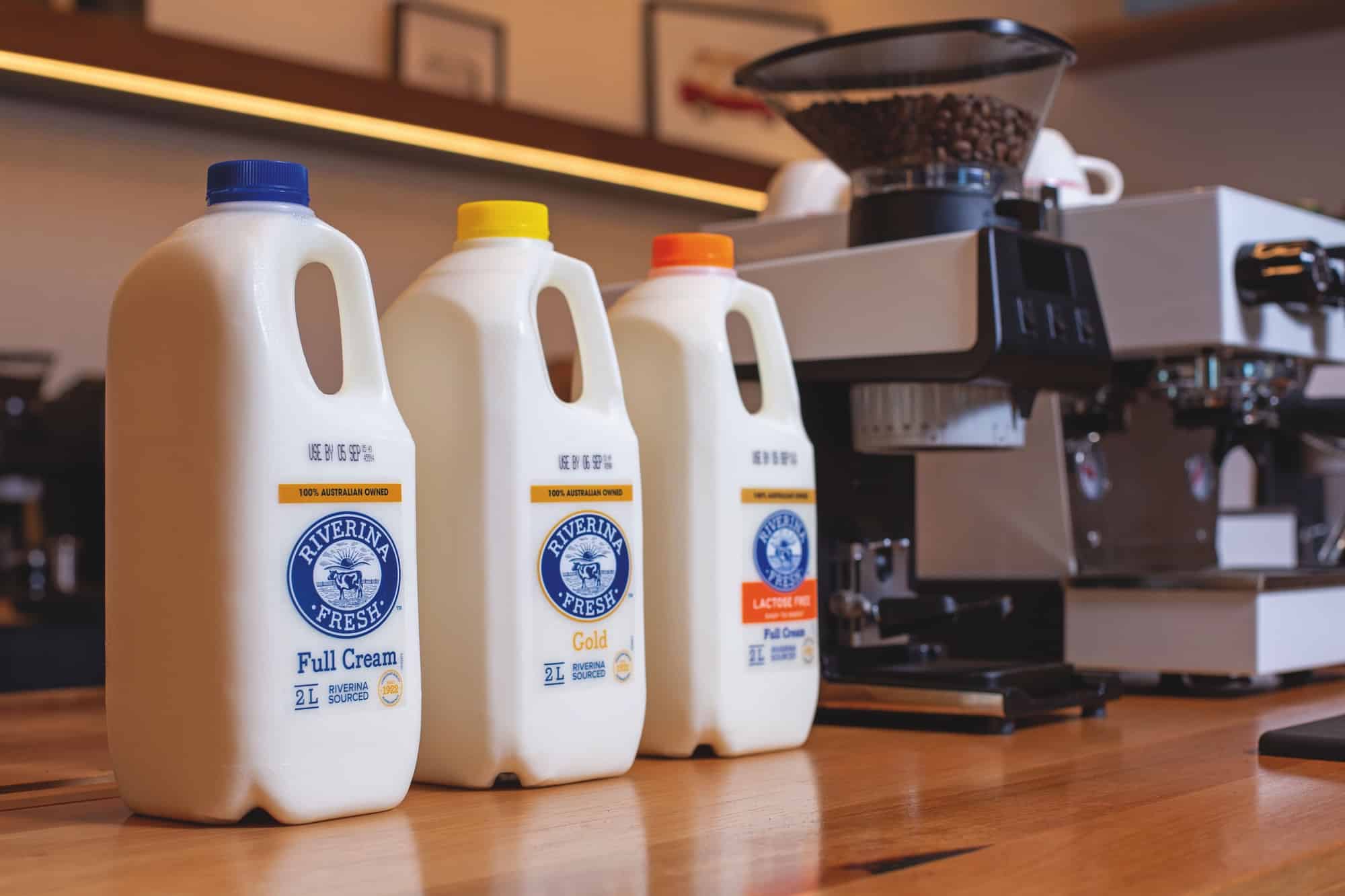Milk remains the cornerstone of Riverina Fresh’s offering, with its lactose-free milk (right) offering a sweet dimension for signature drinks. Image: Prime Creative Media.